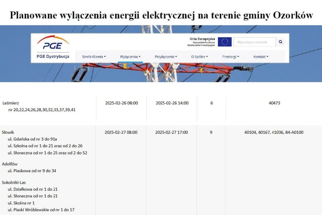 Przerwy w dostawie energii elektrycznej w gminie Ozorków – przygotuj Prosimy o przygotowanie się na planowane wyłączenia energii elektrycznej na tere...