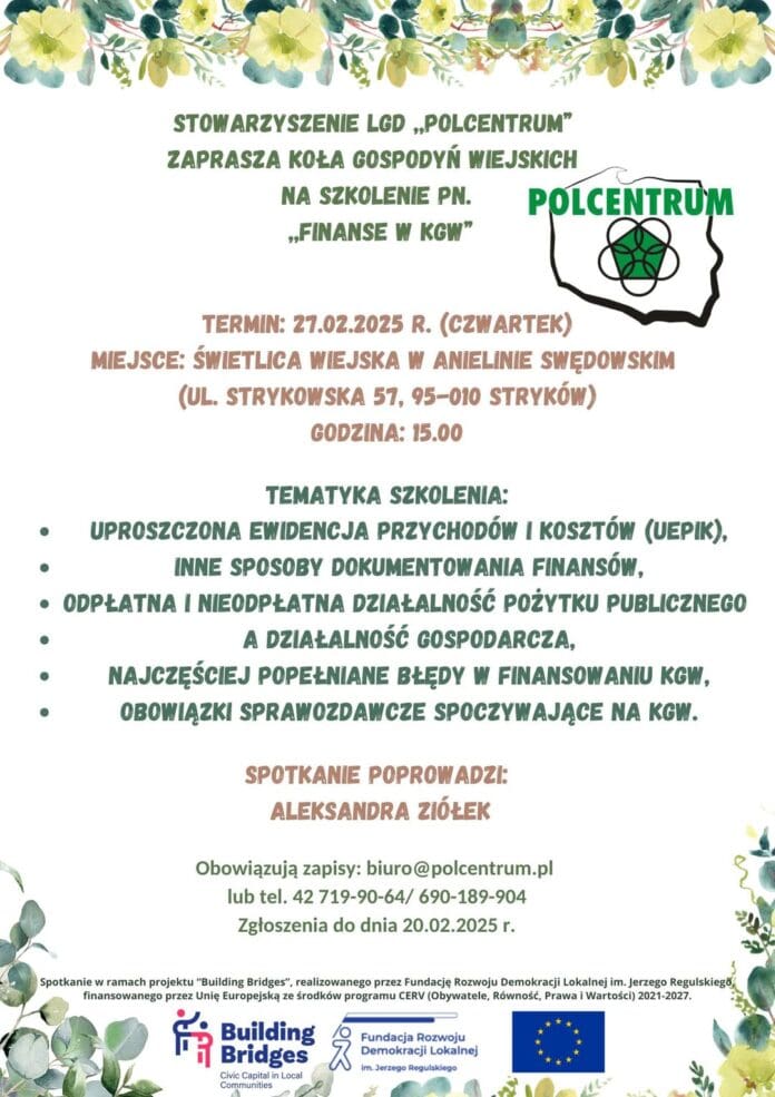Szkolenie "Finanse KGW": Wzmocnij Swoje Umiejętności Finansowe w Kołach Gospodyń Koła Gospodyń Wiejskich! Ta informacja jest dla Was! Serdecznie zapraszamy na s...